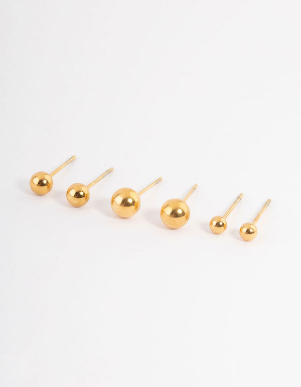 Waterproof Gold Plated Stainless Steel Small Ball Stud Earrings Pack