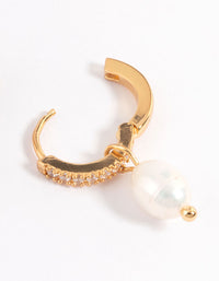 Waterproof Gold Plated Stainless Steel Diamante Freshwater Pearl Drop Huggie Earrings - link has visual effect only