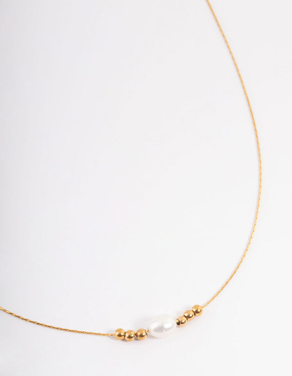 Gold Plated Stainless Steel Ball & Freshwater Pearl Necklace