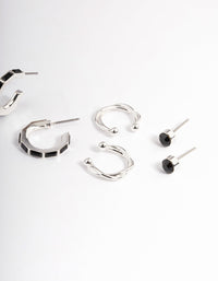 Silver Emerald Cut Black Hoop Earrings 4-Pack - link has visual effect only