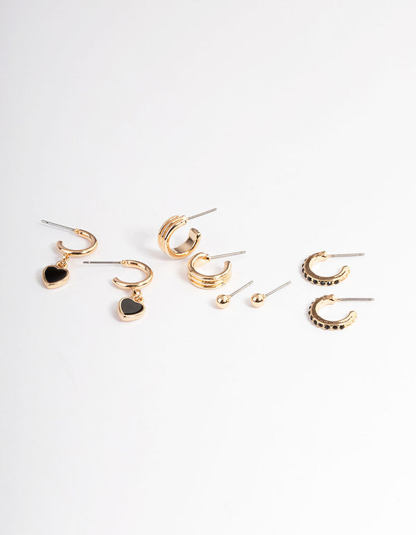 Gold Black Enamel Heart Earrings 4-Pack