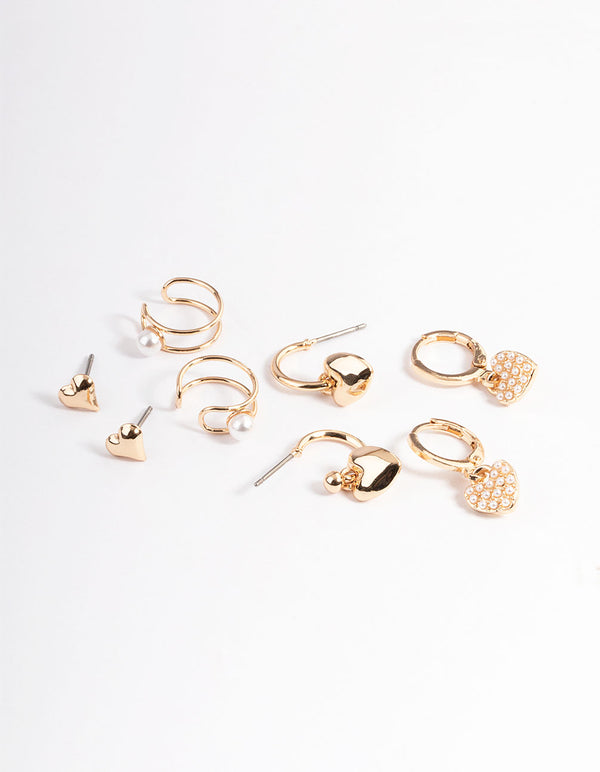 Gold Pearl Heart Earrings 4-Pack