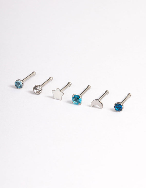 Surgical Steel Star & Bezel Nose Stud 6-Pack