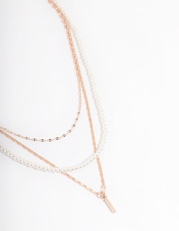 Rose Gold Pearly Mixed Triple Row Chain Necklace