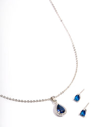 Silver Blue Cubic Zirconia Pear Halo Earrings & Necklace Set - link has visual effect only