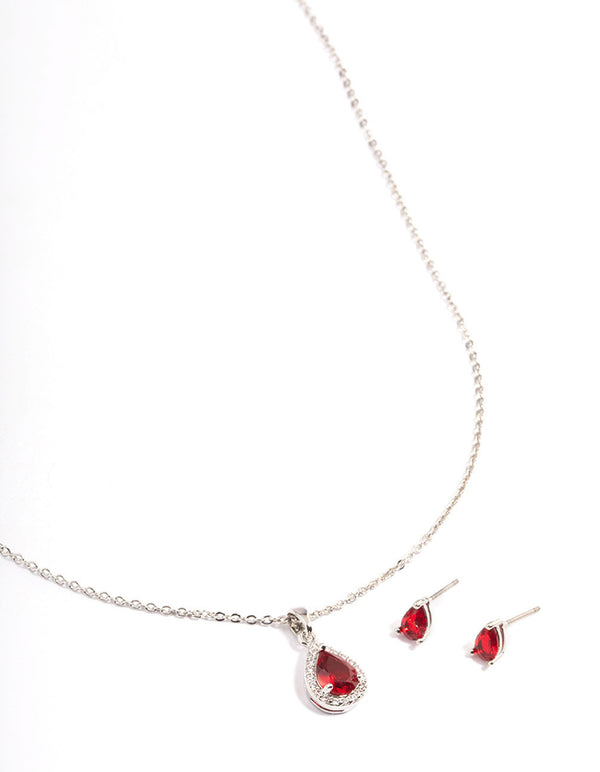 Silver Red Cubic Zirconia Pear Halo Earrings & Necklace Set