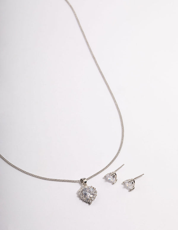 Silver Cubic Zirconia Halo Heart Earrings & Necklace Set