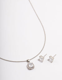 Silver Square Halo Earrings & Necklace Set - link has visual effect only