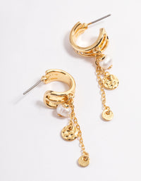 Gold Plated Hammered Disc & Freshwater Pearl Triple Hoop Earrings - link has visual effect only