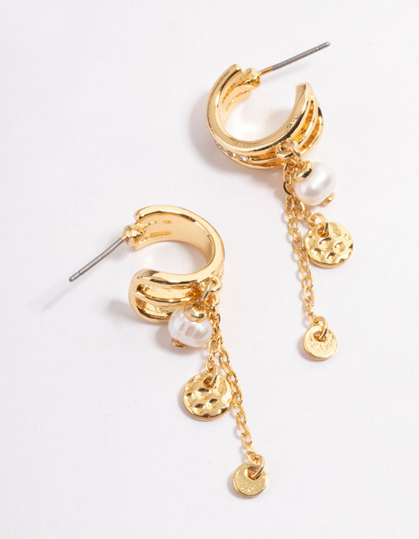 Gold Plated Hammered Disc & Freshwater Pearl Triple Hoop Earrings