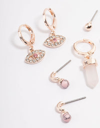 Rose Gold Rose Quartz Evil Eye Stack Earring Pack - link has visual effect only