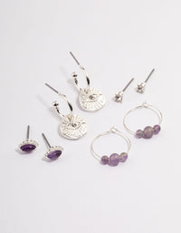 Silver Amethyst Evil Eye Diamante Earrings Stack - link has visual effect only