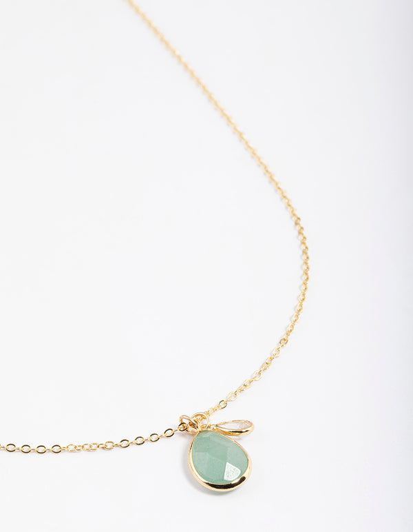 Gold Plated Green Adventurine Cubic Zirconia Droplet Pendant Necklace