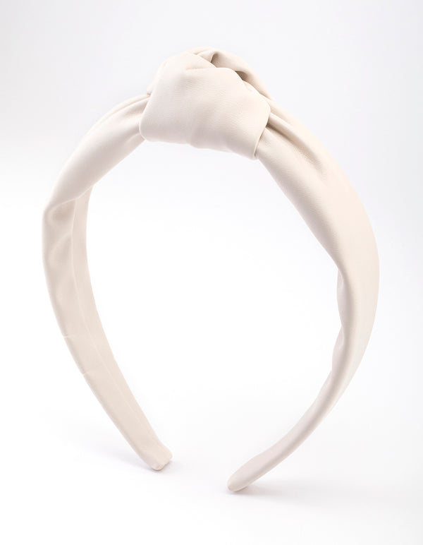 Cream Fabric Faux Leather Large Knot Aliceband