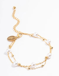 Waterproof Gold Plated Stainless Steel Double Layer Pearl Ball Bracelet - link has visual effect only