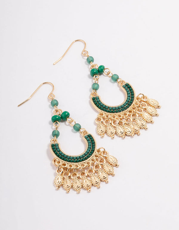 Gold & Green Bead Tassel Crescent Drop Earrings