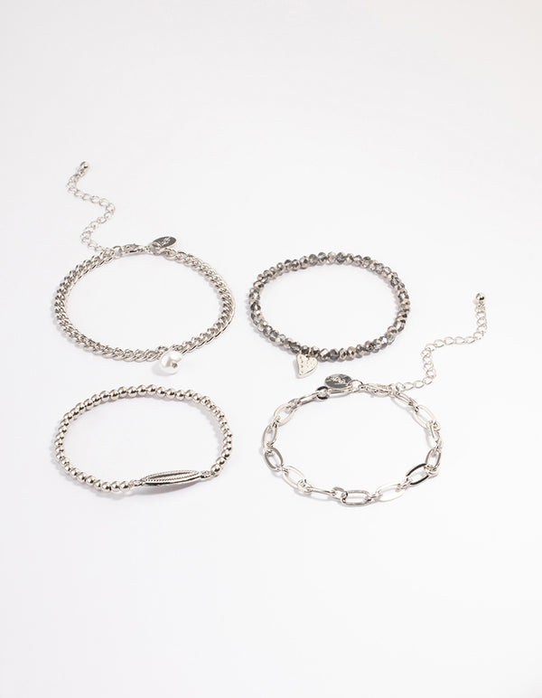 Rhodium Multi Row Chain Facet Bead Bracelet Pack