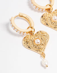 Gold Plated Detailed Freshwater Pearl & Heart Drop Huggie Earrings - link has visual effect only