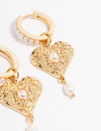 Gold Plated Detailed Freshwater Pearl & Heart Drop Huggie Earrings - link has visual effect only