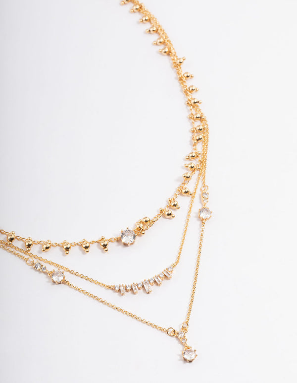 Gold Plated Diamante Ball Chain Triple Layer Necklace