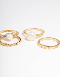 Gold Plated Cubic Zirconia Freshwater Pearl Statement Rings 4-Pack - link has visual effect only