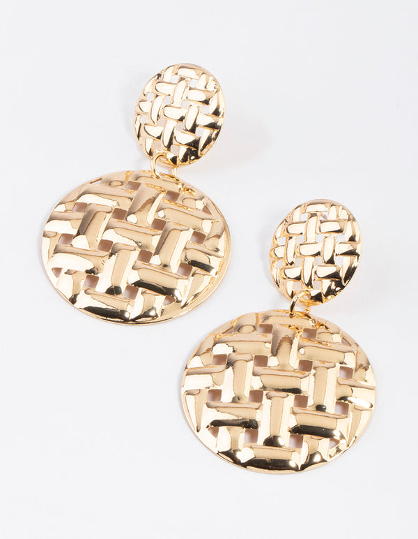 Gold Woven Double Disc Drop Earrings