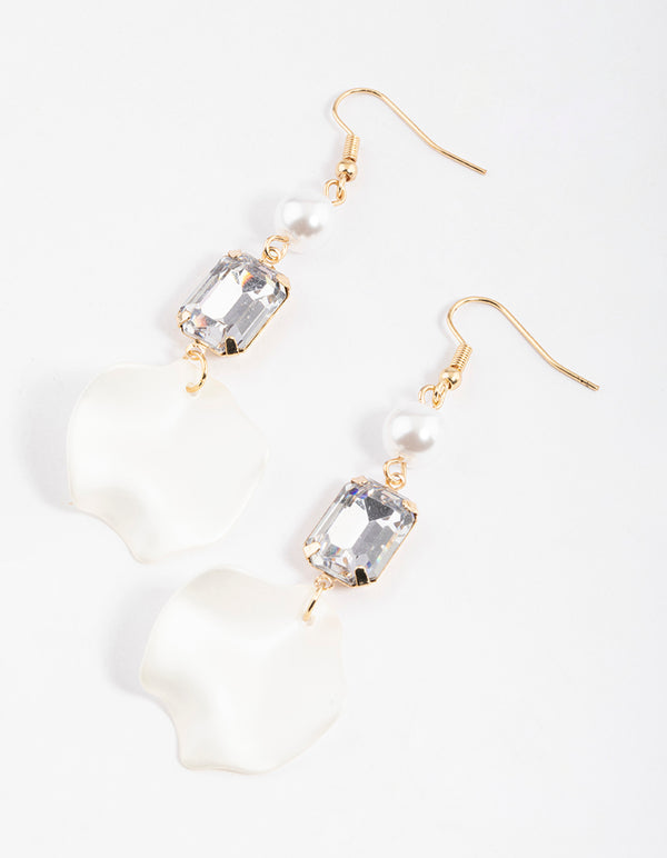 Gold Pearl Emerald Petal Drop Earrings