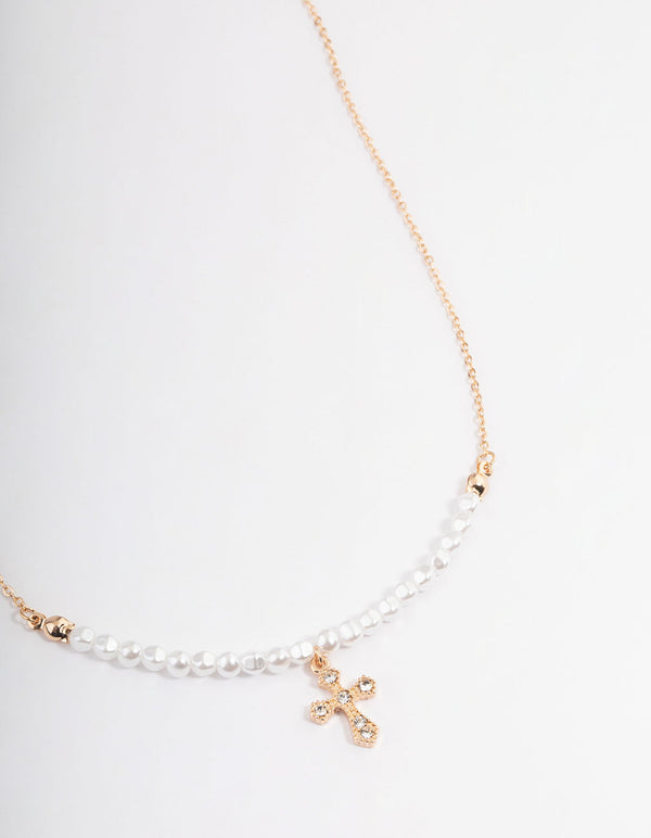 Gold Pearl Diamante Cross Necklace