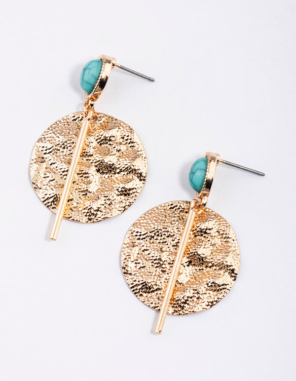 Turquoise Stone Textured Disc Drop Earrings