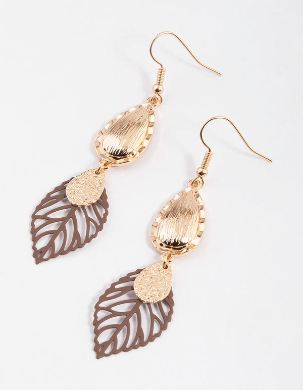 Gold Textured & Brown Leaf Drop Earrings