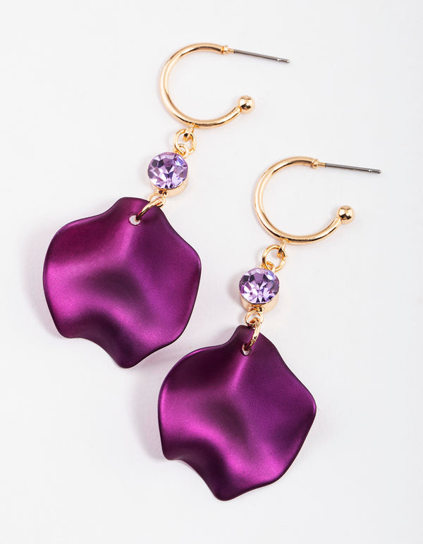 Purple Bead & Petal Huggie Earrings