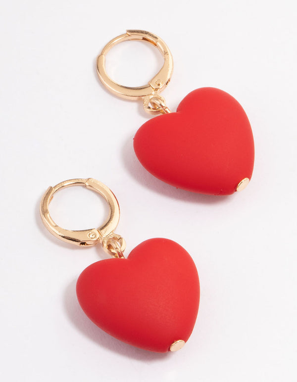 Gold Red Bubble Heart Huggie Earrings