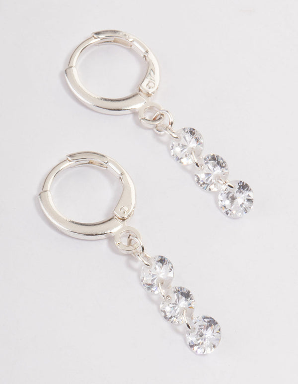 Silver Triple Floating Diamante Huggie Earrings