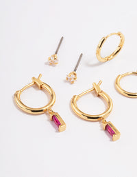 Gold Plated Cubic Zirconia Fuschia Cut Hoop Earrings 6-Pack - link has visual effect only