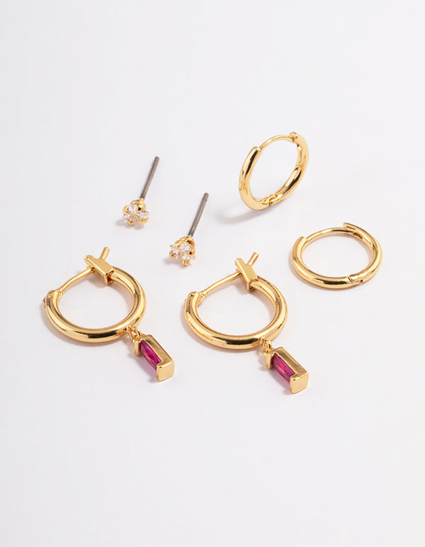 Gold Plated Cubic Zirconia Fuschia Cut Hoop Earrings 6-Pack