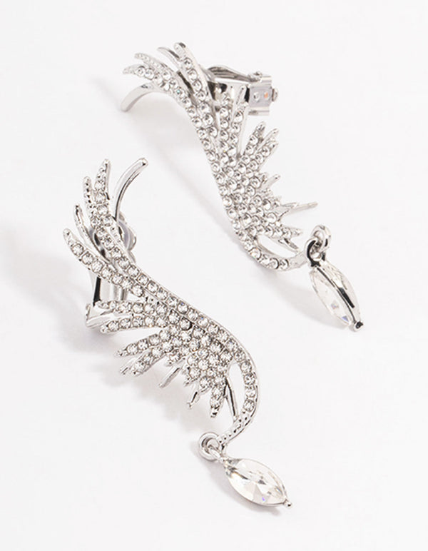 Silver Diamante Wing Drop Cuff Earrings