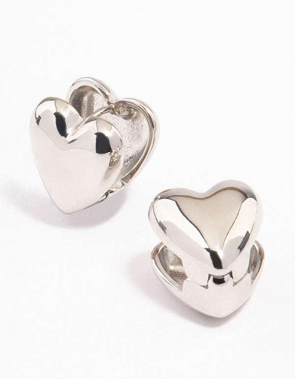 Rhodium Puffy Heart Huggie Earrings