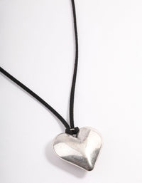 Silver Puffy Heart Black Suede Adjustable Cord Necklace - link has visual effect only