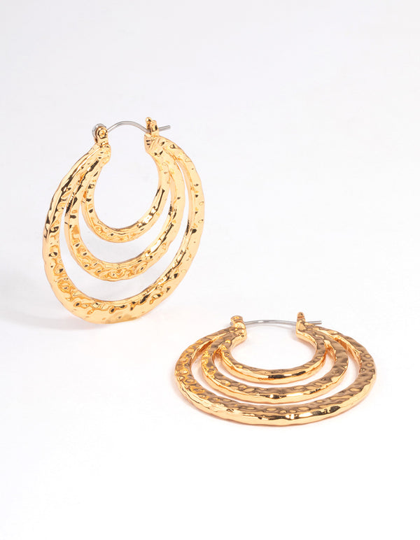 Gold Plated Hammered Trio Row Hoop Earrings