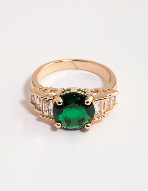 Gold & Emerald Green Round Baguette Ring