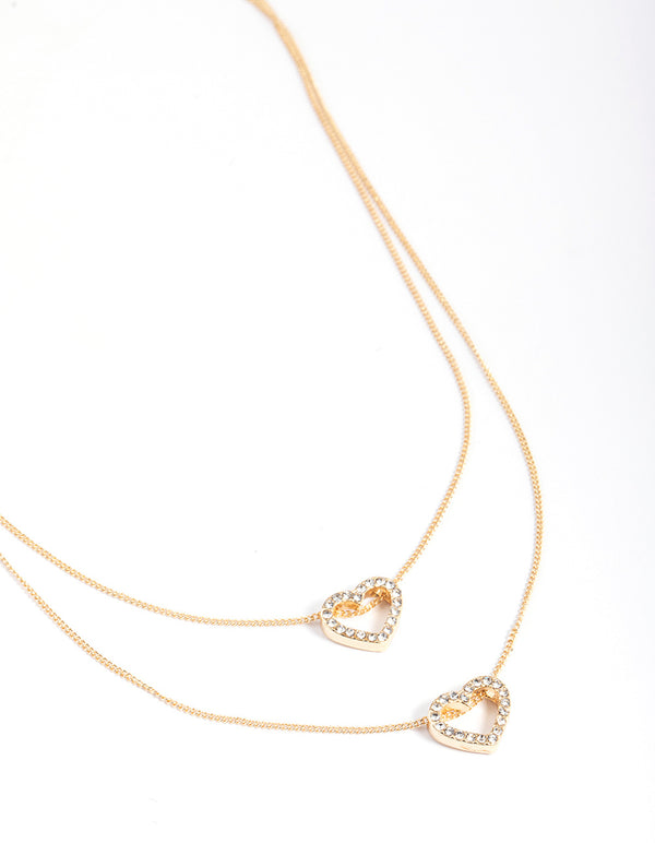 Gold Double Diamante Open Heart Layered Necklace