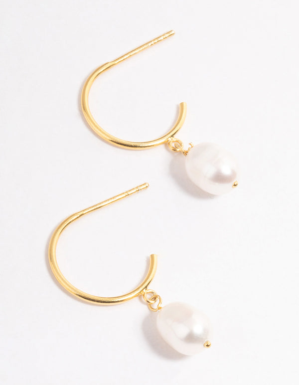 Gold Plated Sterling Silver Pearl Drop Hoop Earrings