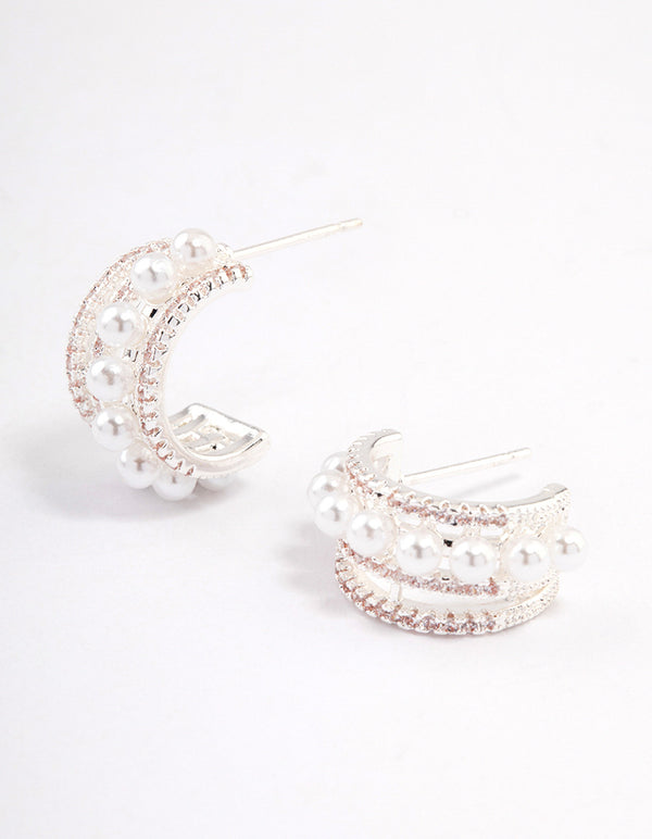 Silver Plated Cubic Zirconia Pearl Layered Small Hoop Earrings