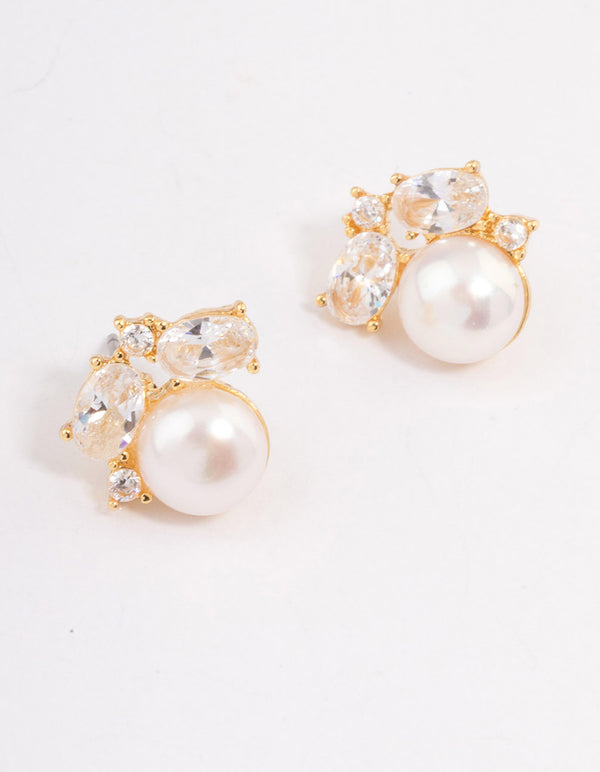 Gold Plated Cubic Zirconia Freshwater Pearl Stud Earrings