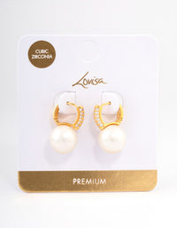 Gold Plated Large Pearl Drop Cubic Zirconia Huggie Earrings - link has visual effect only