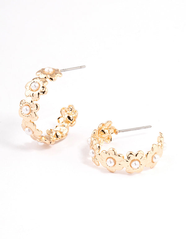 Gold Mini Pearl Flower Hoop Earrings