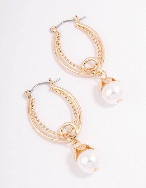 Gold Ornate Pearl Drop Hoop Earrings