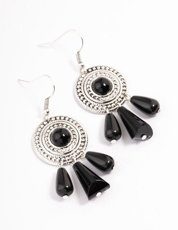 Black Round Boho Mixed Beaded Drop Earrings