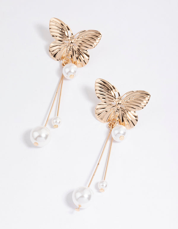 Gold Butterfly Stack Pearl Drop Earrings