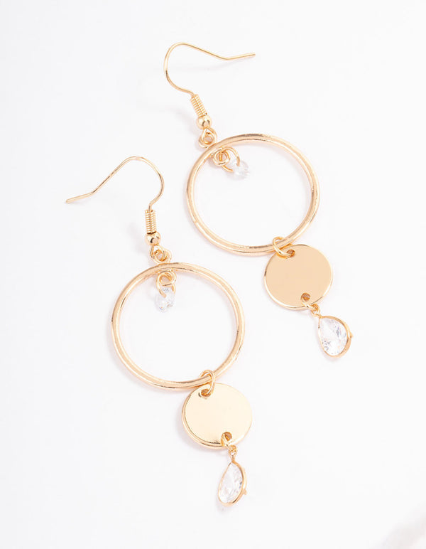 Gold Open Disc Pearl Drop Earrings